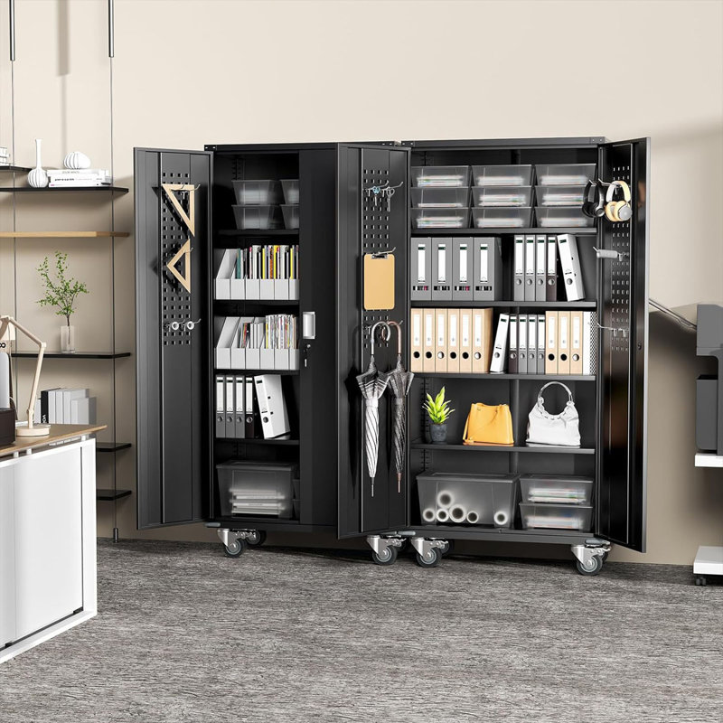 Armoire de rangement pour garage avec portes verrouillables et 4 tablettes réglables, Noir, noir, noir, noir