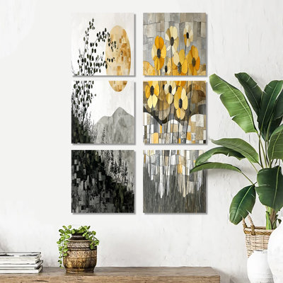 Summer Mosaic Flower On Grey Desert Blossom - Abstract Canvas Art Print Set Of 6