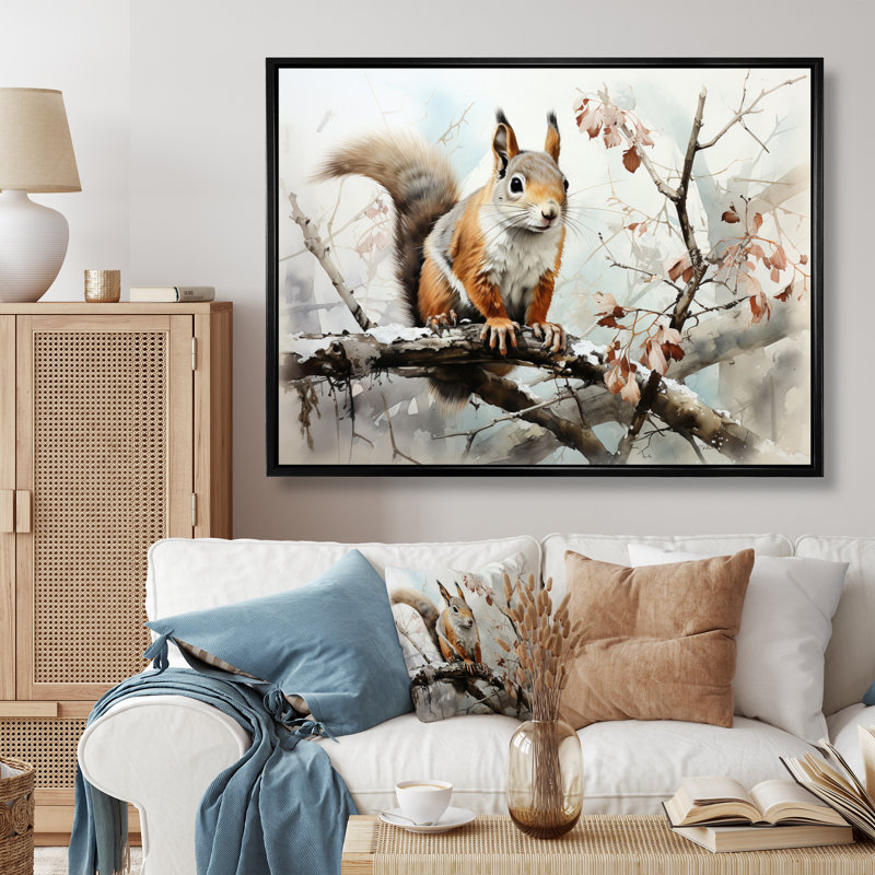 «Brown Squirrel Curious Observer I», reproductions d'art mural animaux, 12" H x 20" W, Cadre flottant noir