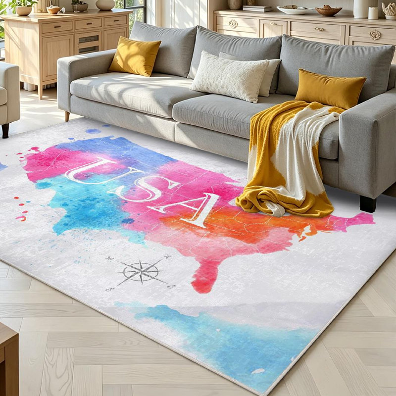 Tapis d'intérieur bleu lavable à la machine, motif carte des États-Unis à l'aquarelle, Rectangle 71" x 98"