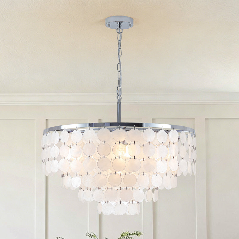 Lustre moderne à niveaux en coquille de Capiz à intensité variable 6 lumières Chrome, H 14,96 po x l 24,21 po x P 24,21 po, 6
