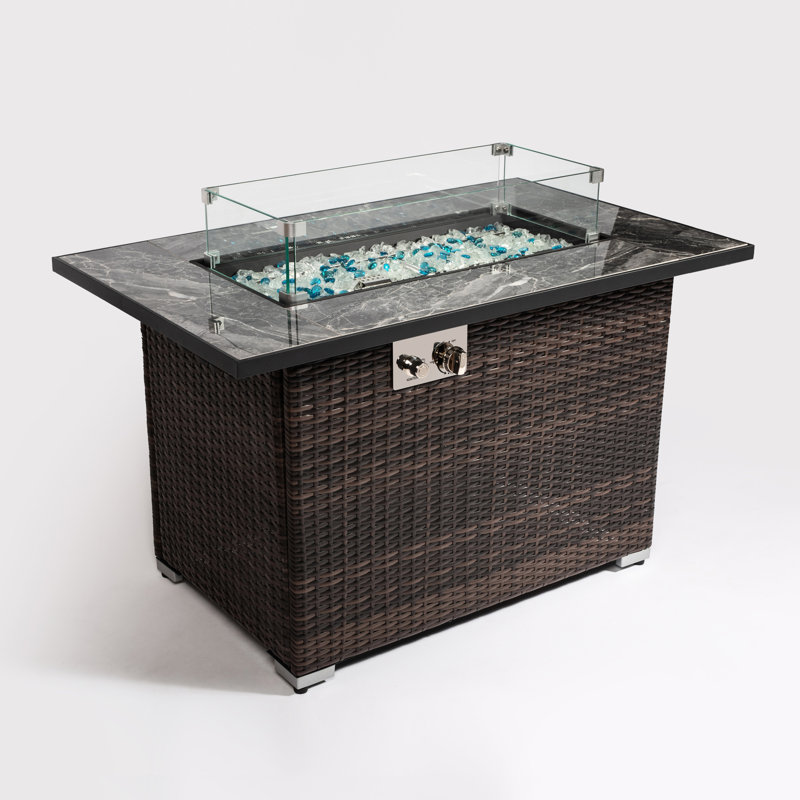 Table au feu au propane de 44 pouces, plateau de table en céramique, chaleur de 5 500 BTU, rectangulaire, couvercle, housse de pluie, pierres en verre scintillantes, plateau en carrelage brun foncé, brillant