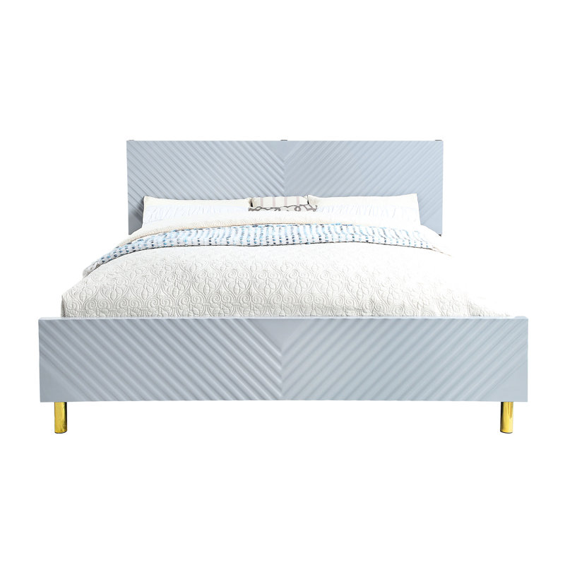 High Gloss Finish Gray Queen Bed With Wave Pattern, Metal Legs, Fully Kd Structure, 26 Slats, 2 Support Plywood, 660Lbs Load Capacity Pattern Design, And Synthetic Wood, Bearing