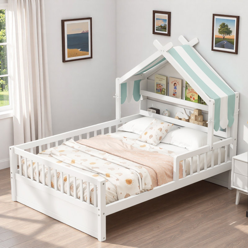 Lit maison en bois avec tablettes de tête de lit, Twin, White