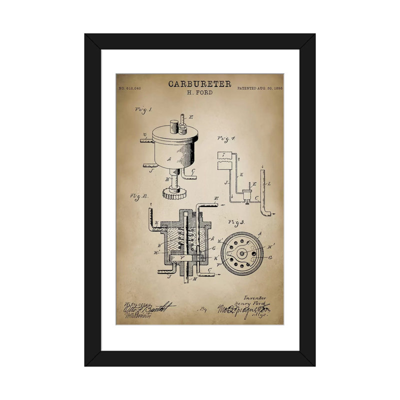 «Ford« Carbureter », impression sur toile, H 24 po x l 16 po x P 1 po, Papier beaux-arts encadré noir, Blanc