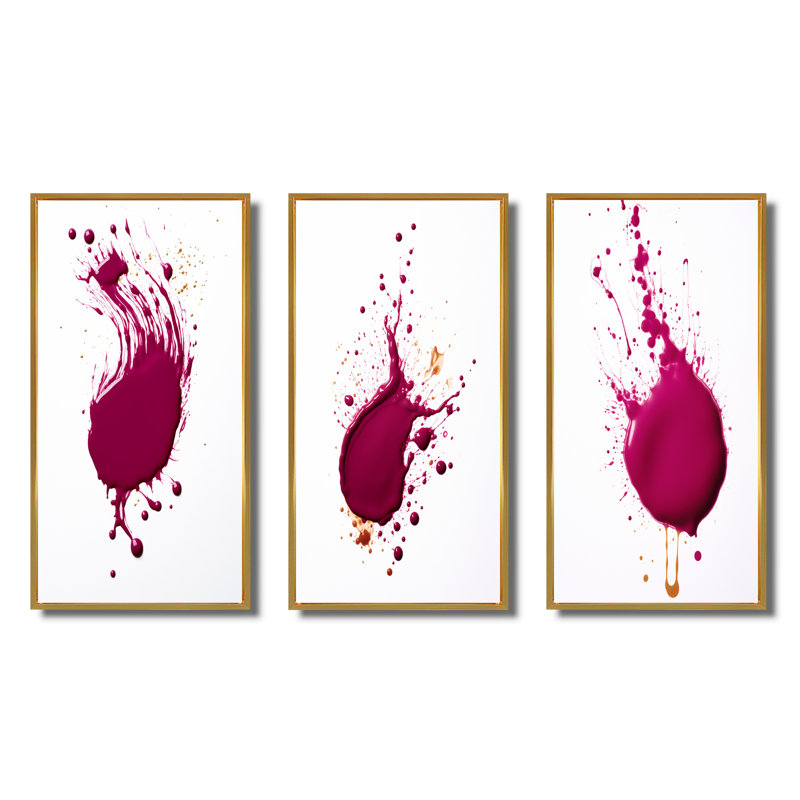 Viva Magenta Paint Splatter - Abstract Painting Art Set Of 3 Pieces, Encadrement doré, H 40 po x l 60 po