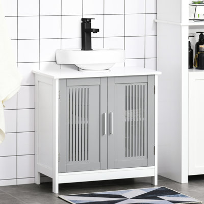 Armoire de salle de bain moderne sous le lavabo - gris et blanc, peu encombrante, tablettes réglables, armoire blanche 2 portes, robuste pour une utilisation quotidienne