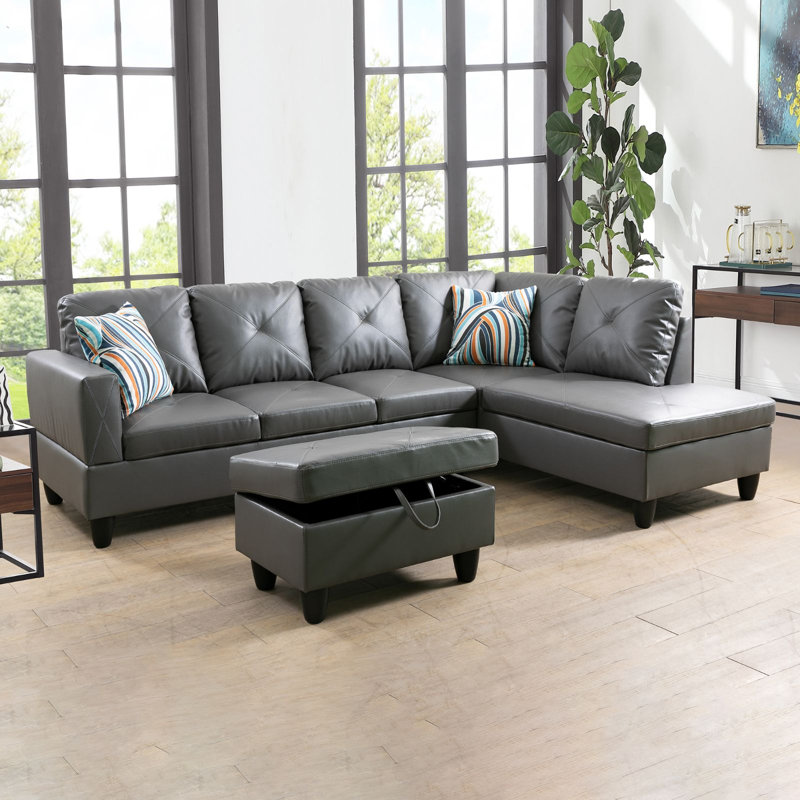 Canapé modulaire rembourré de 97 po avec repose-pieds Jibrael, Accoudoir à droite (vu de face), Cuir véritable gris foncé