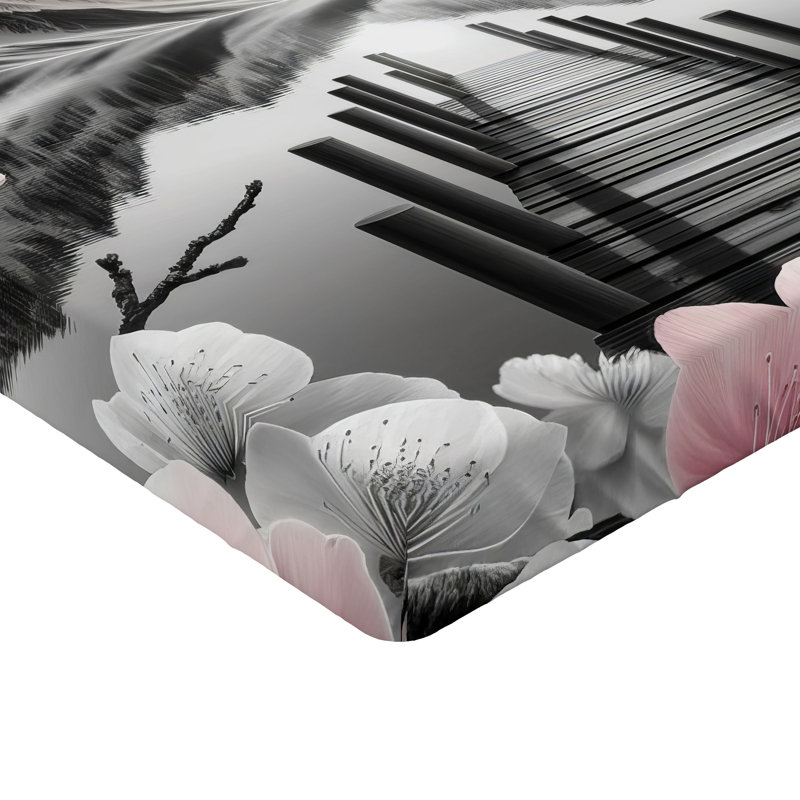 Drap-housse Ambesonne Lake_ Fleurs de cerisier et montagnes_ Gris et rosé, Drap-housse de taille double