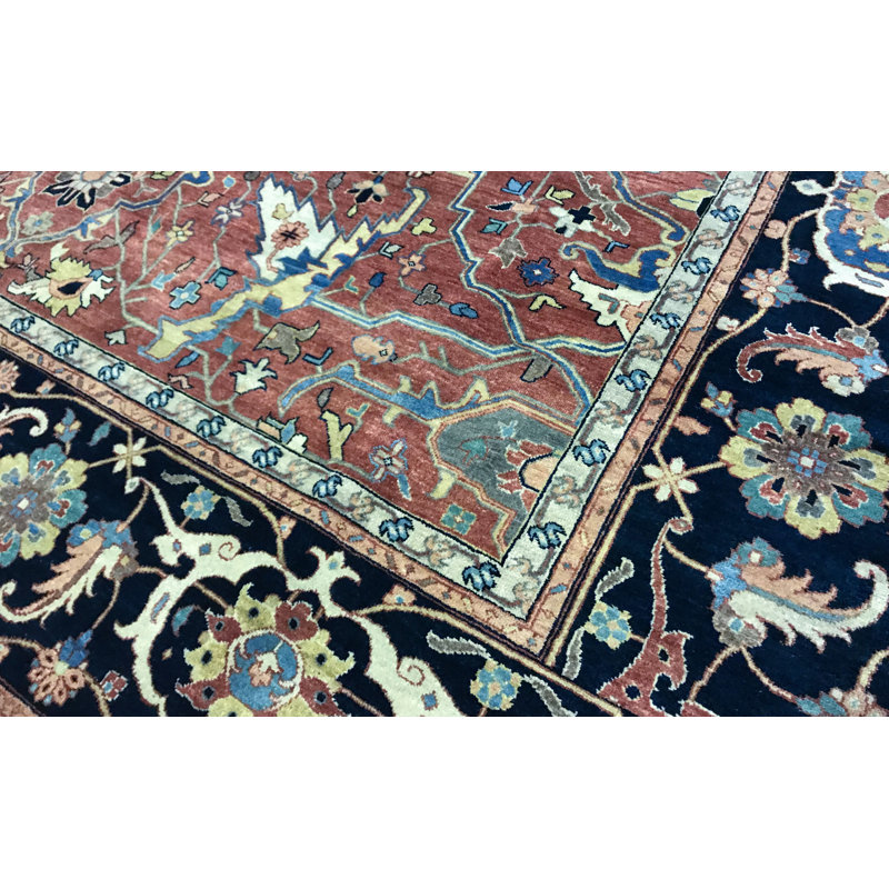 Tapis rouge et bleu foncé de haute qualité noué à la main