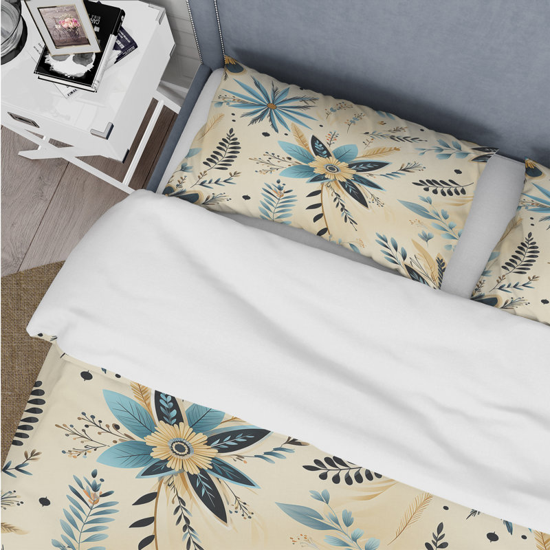 Ensemble de housse de couette à motif floral bleu et beige rétro chic, Housse de couette simple + 1 taie décorative stan