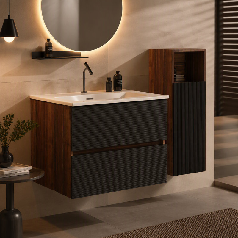Meuble-lavabo suspendu Gloria 24 po, fini noir doux et noyer, avec lavabo en céramique intégré et trop-plein, grand meuble-lavabo suspendu pour salle de bain moderne, à assembler soi-même