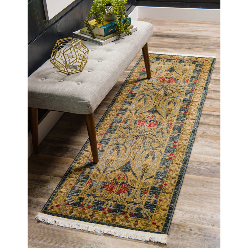 Tapis carré en polypropylène tissé à la machine en rouge / brun / bleu Akane, Tapis de couloir 2 pi 7 po x 19 pi 8 po