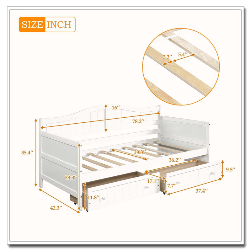 Wooden Daybed with 2 drawers, White