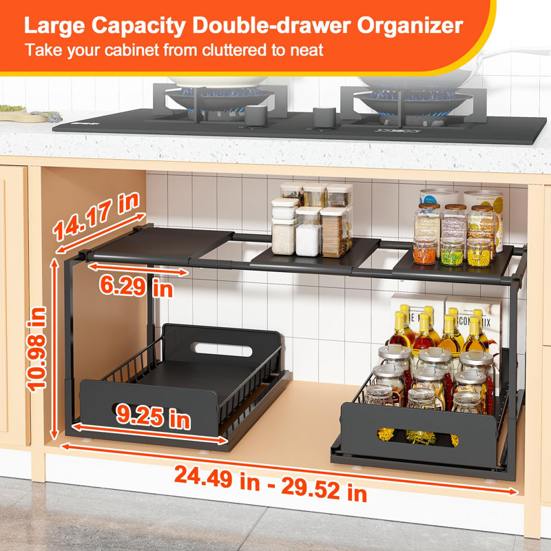 Extendable Under Sink Organizer, 2 Tier Pull Out Under Cabinet Organizer Shelf, Black Expandable Storage