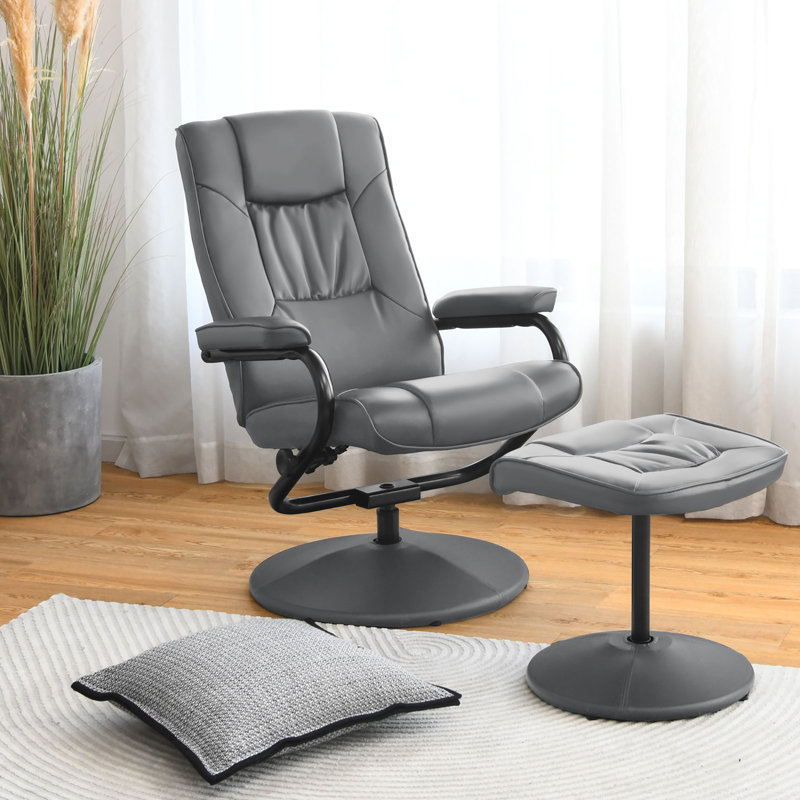 Mcabee Faux Leather Swivel Armchair with Ottoman, Gray Faux Leather