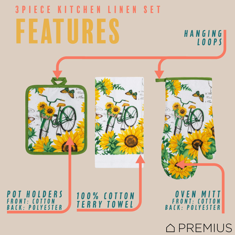 Ensemble de linge de cuisine imprimé 3 pièces PREMIUS, BikeSunflower, 1 serviette en coton, 1 support à casserole, 1 gant de cuisine