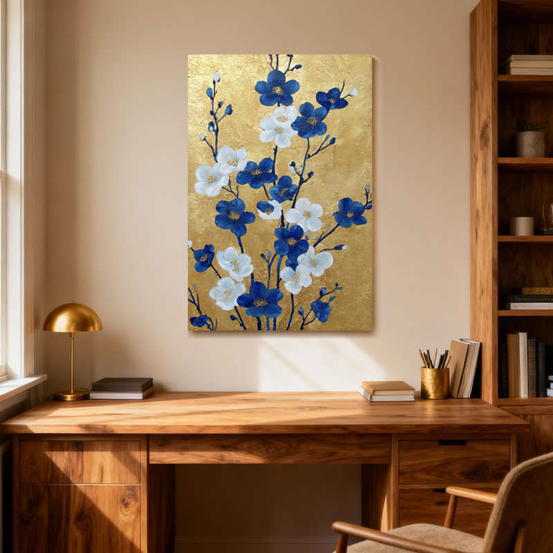 Plantes et fleurs fleurs bleues et blanches sur fond doré, H 20 po x l 30 po