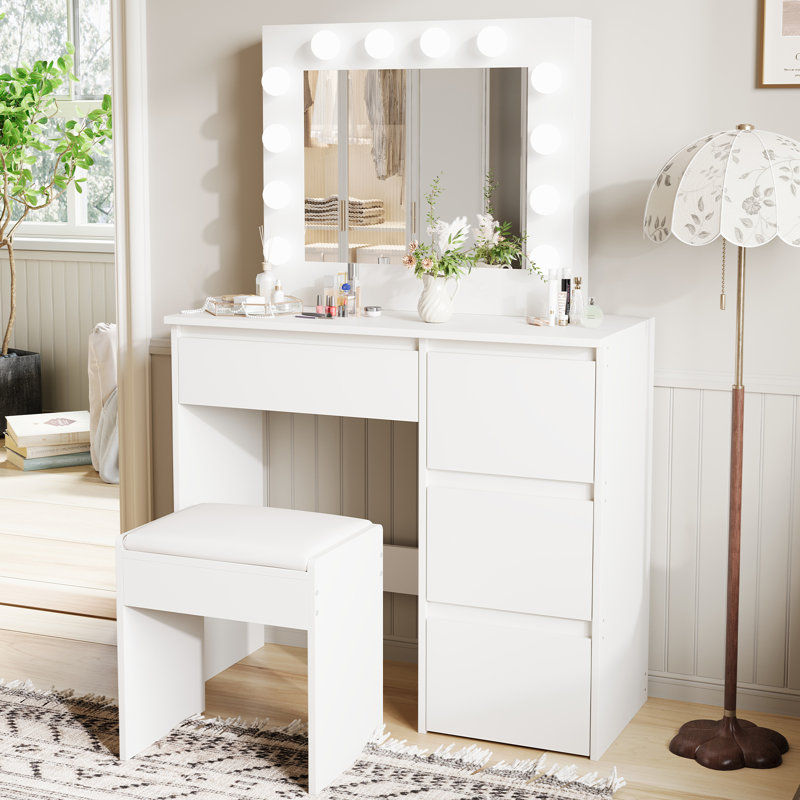 LED Lighted Vanity Table with 3 Color Temperatures, Large Drawers & Charging Station