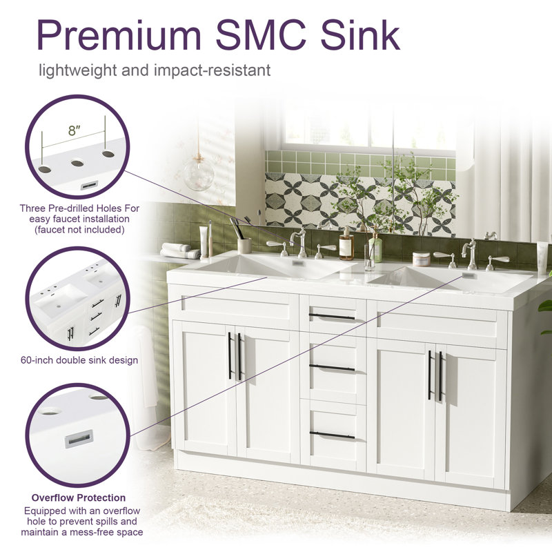 Contemporary 59.3 Inch Double Sink Bathroom Vanity With Smc Top, Mdf Cabinet, Solid Wood Frame, Soft Close Doors, White