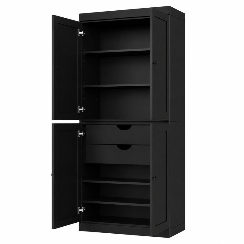 Armoire de rangement 72 po à quatre portes et deux tiroirs en bois massif noir 72 po
