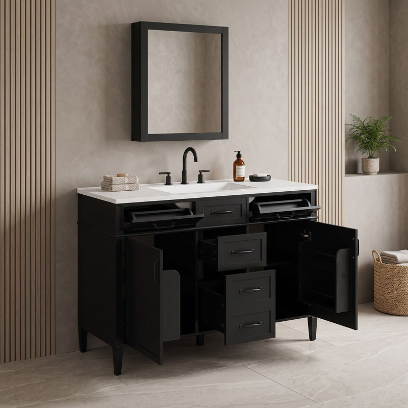 Meuble-lavabo de salle de bain avec comptoir en composite, 4 tiroirs, 2 portes à fermeture douce et tablettes réglables