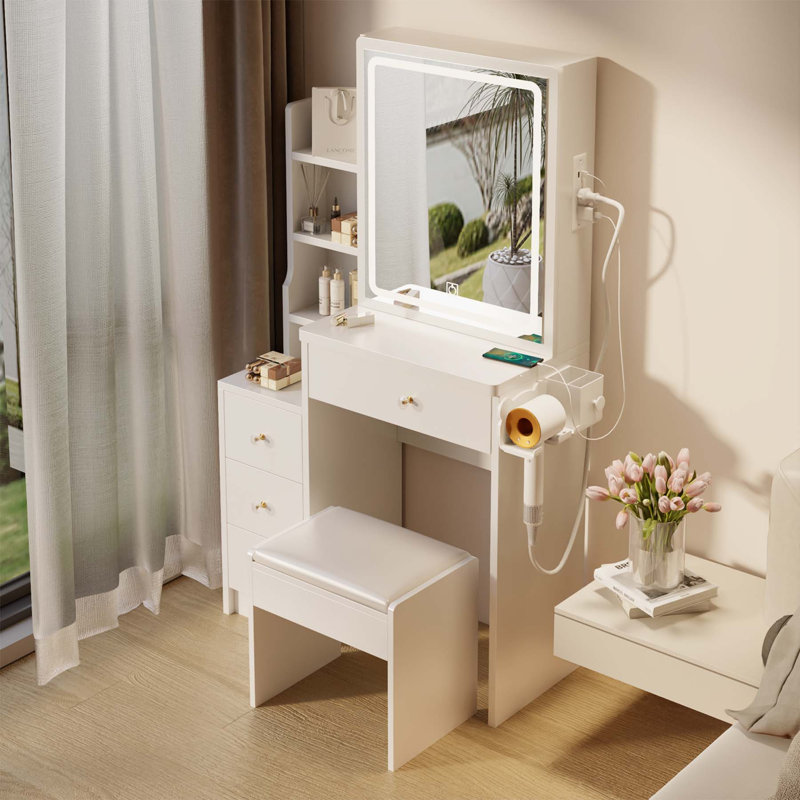 Petite table de chevet avec tabouret et tabouret rembourré Maest, Blanc