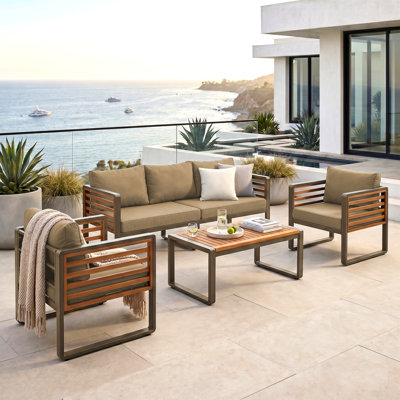Abdel Outdoor 5 - Person Acacia Patio Conversation Set with Removable Cushion, Brown Metal and Wood