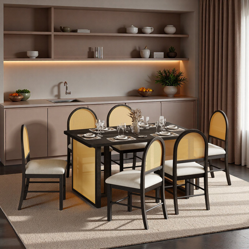Bay Isle Home™ 7-piece Farmhouse Dining Table Set With 6 Rattan Chairs ...