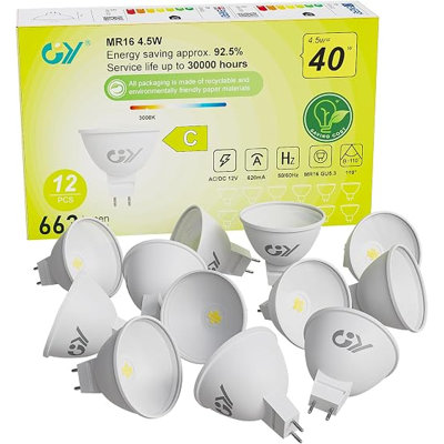 GY MR16 LED Bulbs Warm White 3000K Light Bulbs, GU5.3 Energy Saving 4.5W 663 Lumen Replaces 60W, 110°Beam Angle,Non-Dimmable,12 Pack