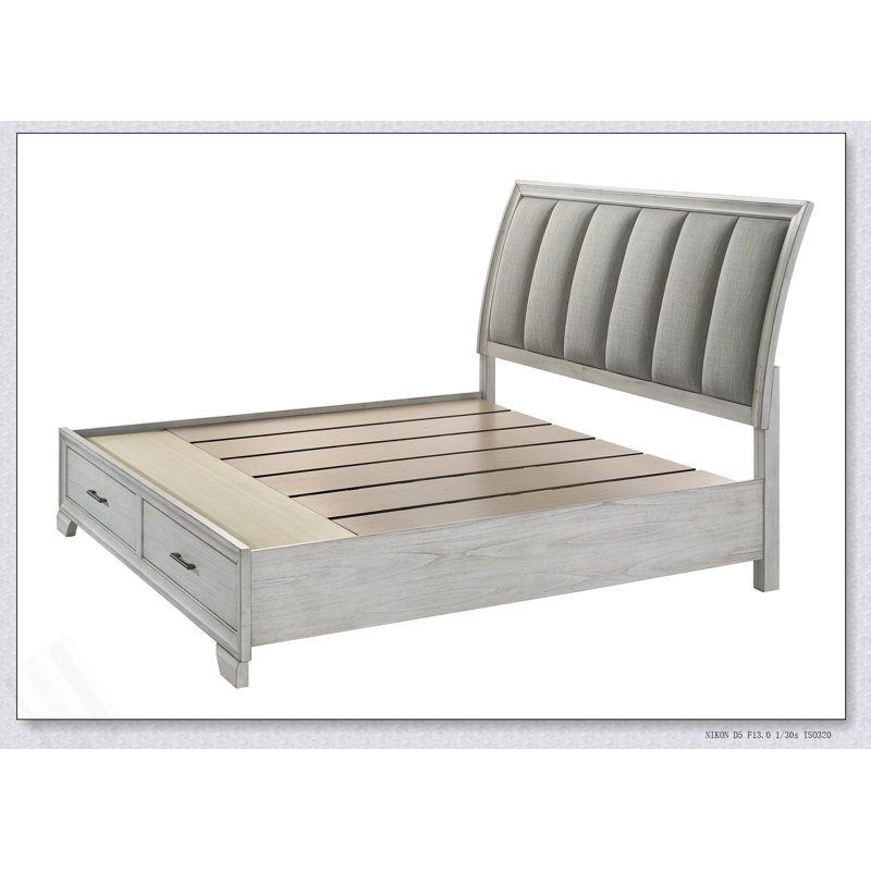 Lit plateforme de rangement très grand 1pc avec tête de lit rembourrée moelleuse et deux tiroirs de rangement en bois massif blanc brume
