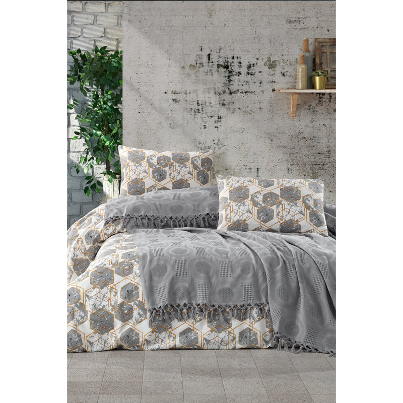 Ensemble de courtepointe 100% coton moderne et contemporain Polka, Gris