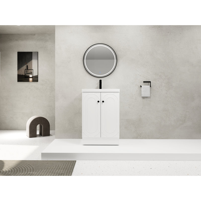 Étagère de salle de bain autoportante avec lavabo en résine et portes réglables à fermeture douce, Blanc, 24"