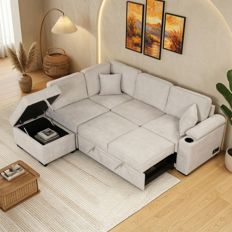 Canapé-lit gigogne 4 places en forme de L avec pouf de rangement, siège en mousse et ressorts ensachés pour salon, Beige