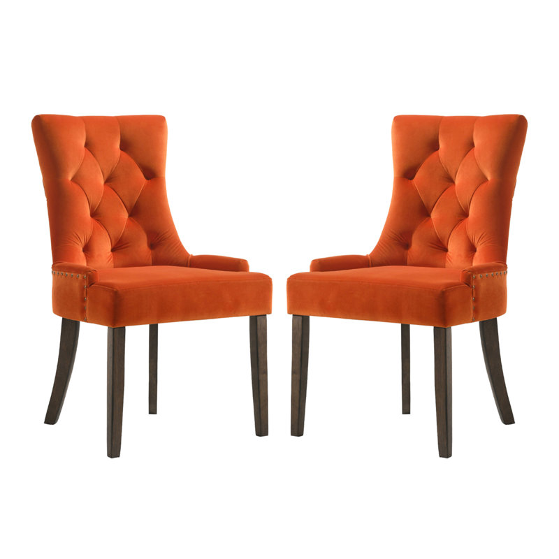 Ensemble de 2 chaises de salle à manger rembourrées en velours orange et chêne vieilli, Orange