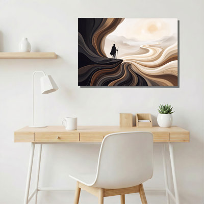 «Silhouette Traveller on Swirling Earth Tones Landscape», art mural