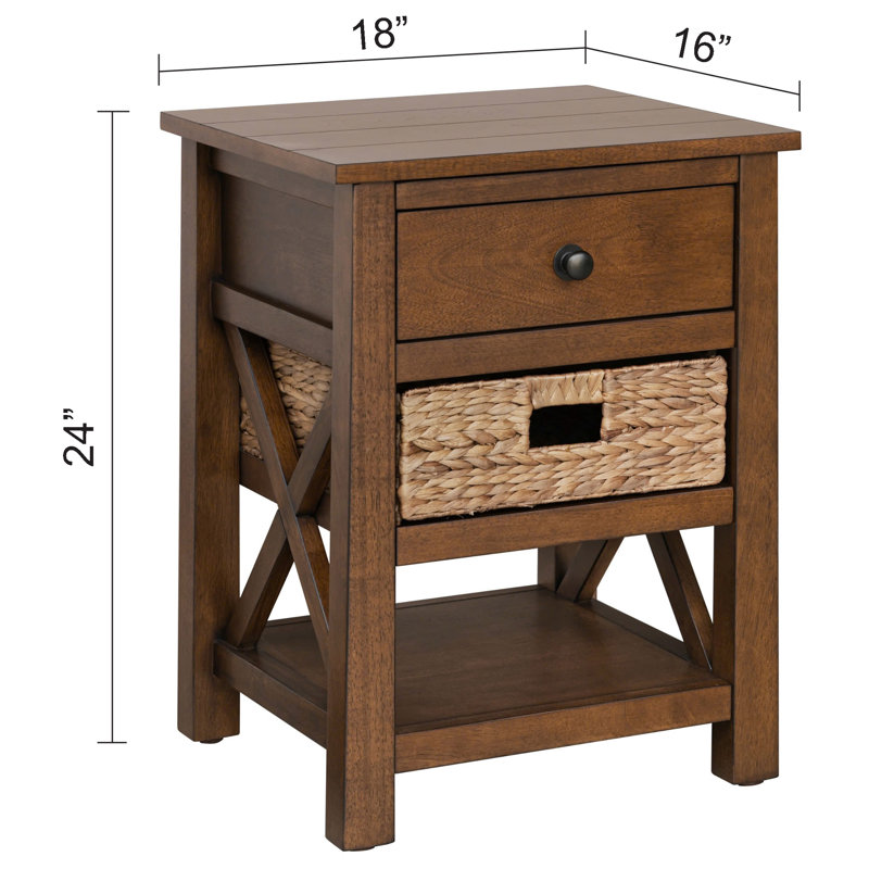 Hoekstra Solid Wood X-Side End Table Side Table with Drawer, 2 Storage Shelves and Wicker Basket, Coffee, Coffee