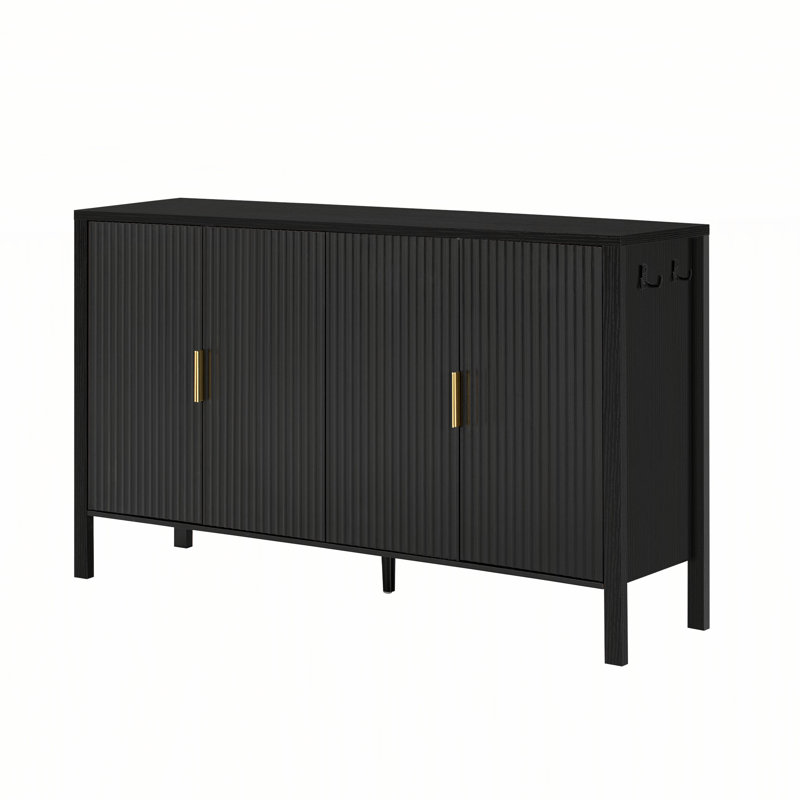 U_STYLE Modern 57.5" Stripe Door Storage Cabinet, 4-Door Sideboard with Back-of-Door Storage Racks & Side Hooks, Adjustable Shelves, MDF Cabinet with Aluminum Handles for Living Room, Dining Room