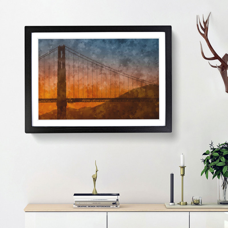 Sunset over Golden Gate Bridge - Picture Frame Painting Print, 24cm H x 33cm W x 2cm D, Black Framed