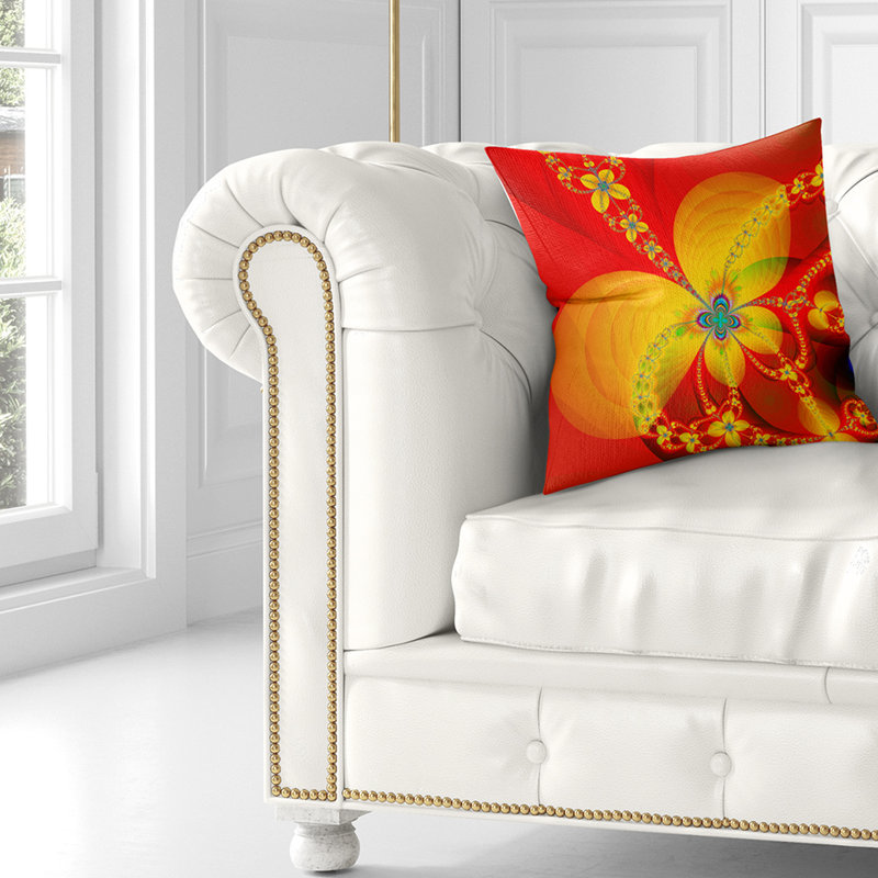 Motif fractal coloré rouge et jaune - coussin à imprimé floral, 16 po x 1 po, Coussin décoratif