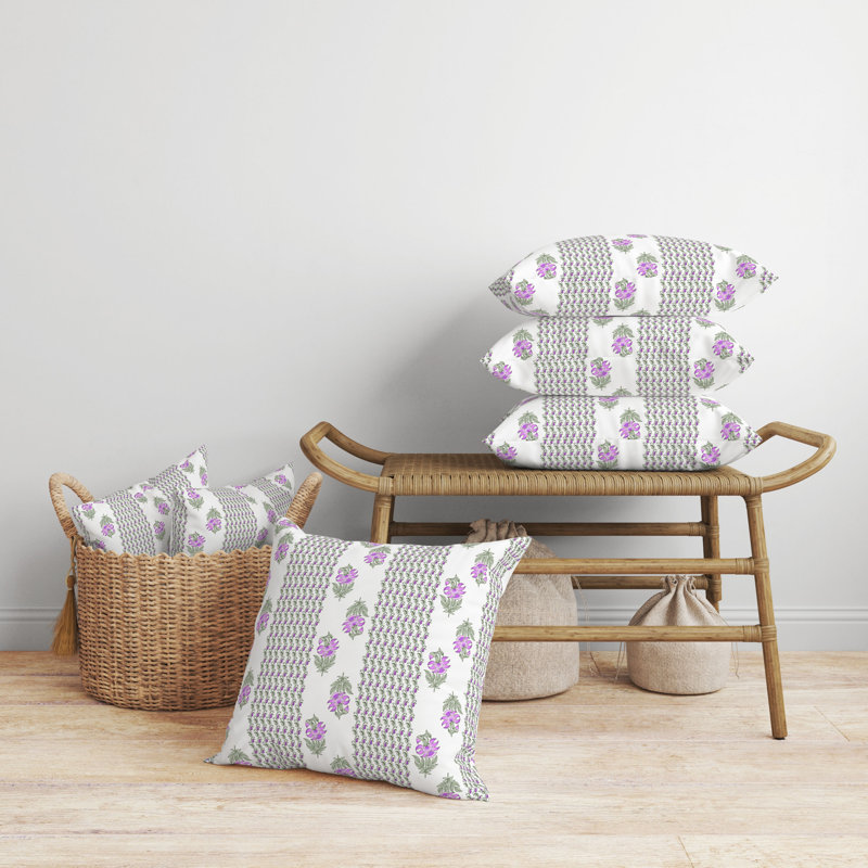 16" White and Purple Floral Reversible Throw Pillow