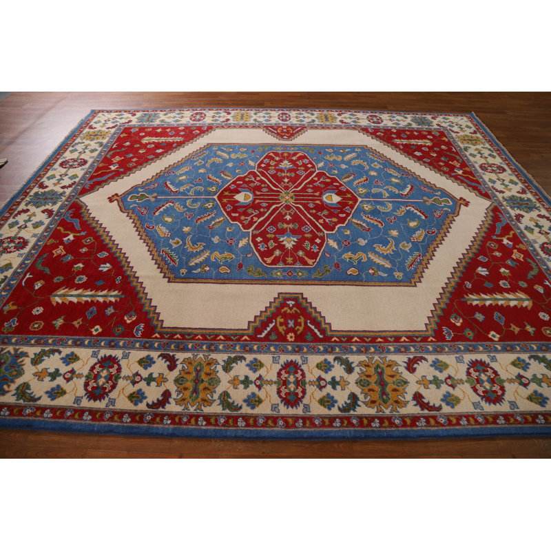 Tapis bleu / rouge / beige en laine noué à la main de conception unique 8 pi 3 po x 9 pi 11 po New Age
