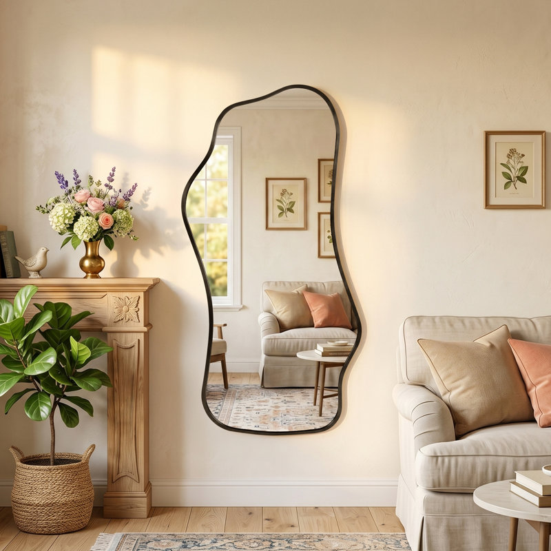 Modern Irregular Full-length Mirror With Aluminum Frame, Wall-mounted Or Free-standing Design, Black, 47.2" x 21.6"