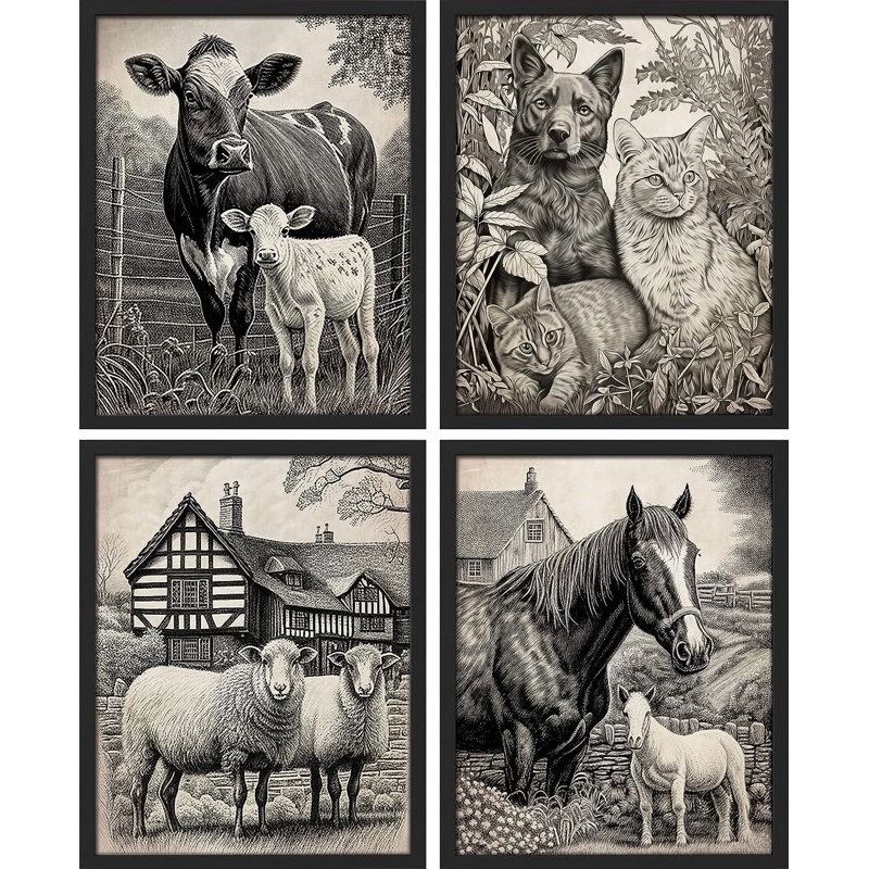 Rustic Farmhouse Animal, vache, chat, mouton, cheval, paysage, 4 pièces, Cadre noir, H 14 po x l 11 po x P 1 po