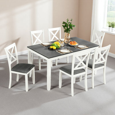 Ensemble de table à manger et de chaises en bois massif 7 pièces, table moderne de 58,5 pouces avec 6 chaises rembourrées (style X-Back) pour la cuisine