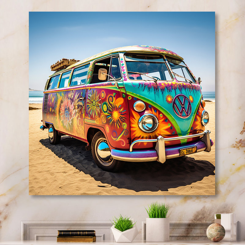 Magic Hippie Bus On The Beach I - Car Van, reproduction d'art encadrée, Toile tendue, H 44 po x l 44 po