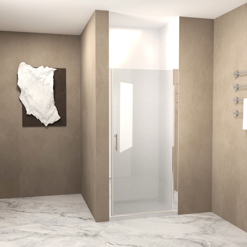 Porte de douche pivotante 28 po x 72 po avec demi-cadre en aluminium brossé nickel, verre trempé de 1/4 po de 6 mm, emballage antichoc, poignée en acier inoxydable tendance pour salle de bain fonctionnelle