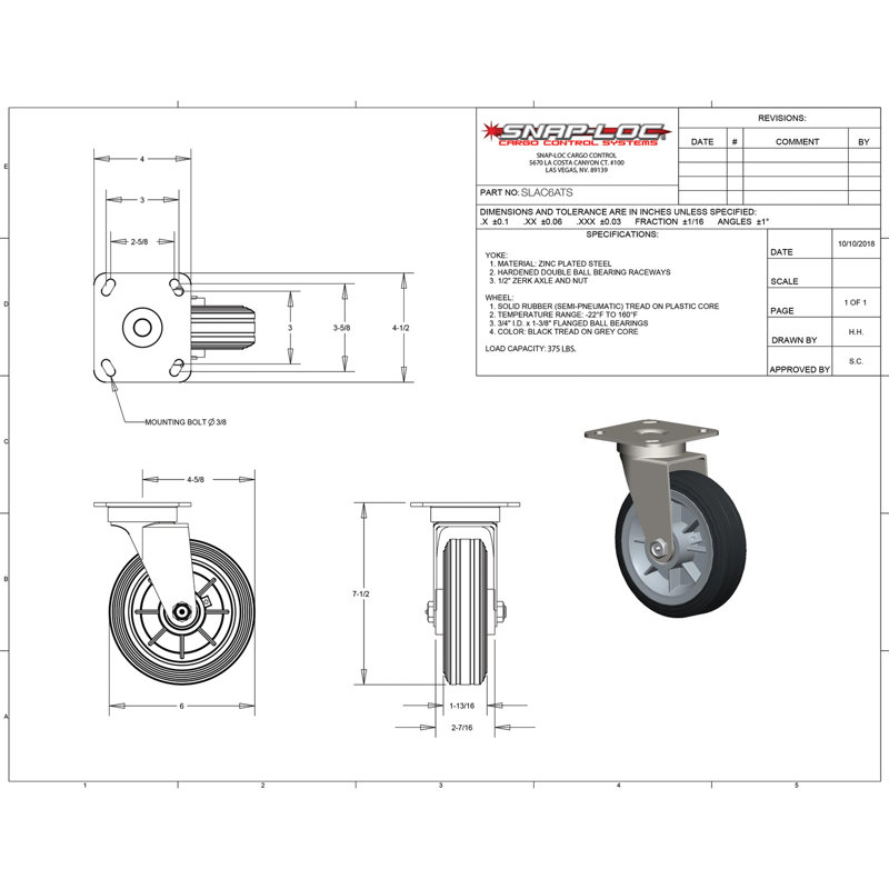 Black Rubber 6" All-Terrain Swivel Caster for Dolly System