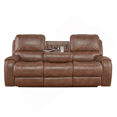 Achern Brown Leather-Air Nailhead Manual Reclining Sofa With Storage Console And USB Port