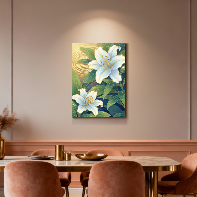 Tableau mural sur toile tendue à motif floral de lys blanc, avec fond doré et feuilles vertes, idéal pour la décoration du salon et de la chambre.